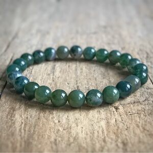 Men's Moss Agate Forest Green Beaded Gemstone Stretch Bracelet - 8mm Beads